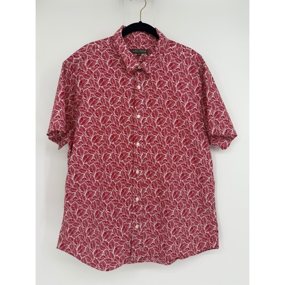 Slate & Stone Mens XL Short Sleeve Button Down Shirt Red White Leaf Print Cotton